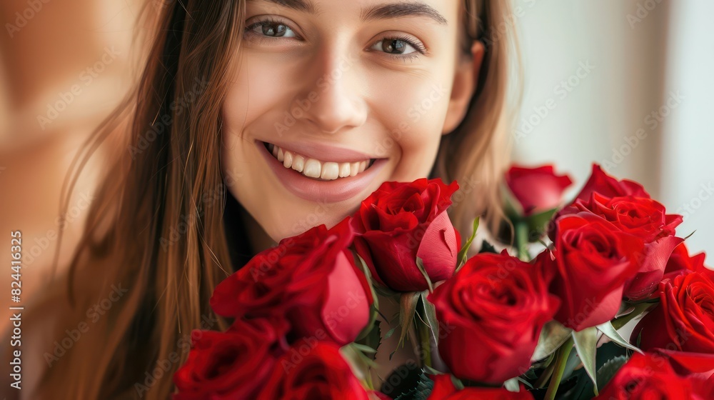 A close-up image capturing a young woman's smile as she holds a vibrant bouquet of red roses, conveying warmth and happiness A close-up image capturing a young woman's smile as she holds a vibrant bouquet of red roses, conveying warmth and happiness