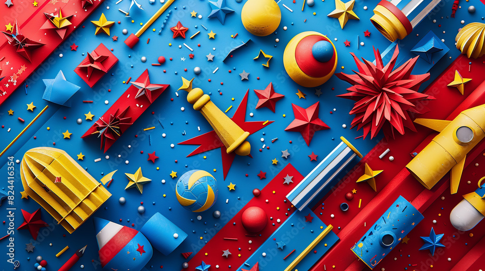 Vibrant Patriotic Celebration Background with Red, White, and Blue Stars and Festive Decorations
