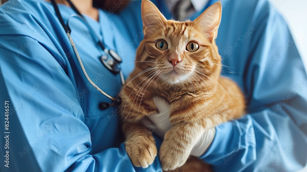 A calm ginger cat is being gently held by a professional veterinarian wearing blue scrubs, exemplifying the significance of regular veterinary visits for the well-being of animals and showcasing compa A calm ginger cat is being gently held by a professional veterinarian wearing blue scrubs, exemplifying the significance of regular veterinary visits for the well-being of animals and showcasing compa