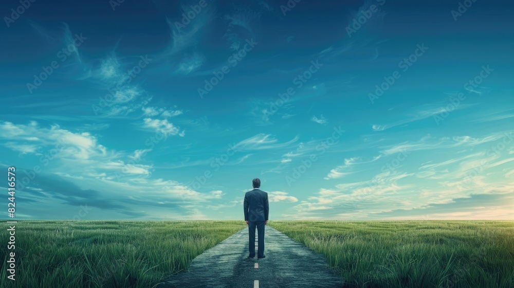 A businessman stands at a junction, gazing towards the distant horizon. The serene blue sky serves as the backdrop, while a grassy field showcases two roads converging. This imagery embodies the conce A businessman stands at a junction, gazing towards the distant horizon. The serene blue sky serves as the backdrop, while a grassy field showcases two roads converging. This imagery embodies the conce