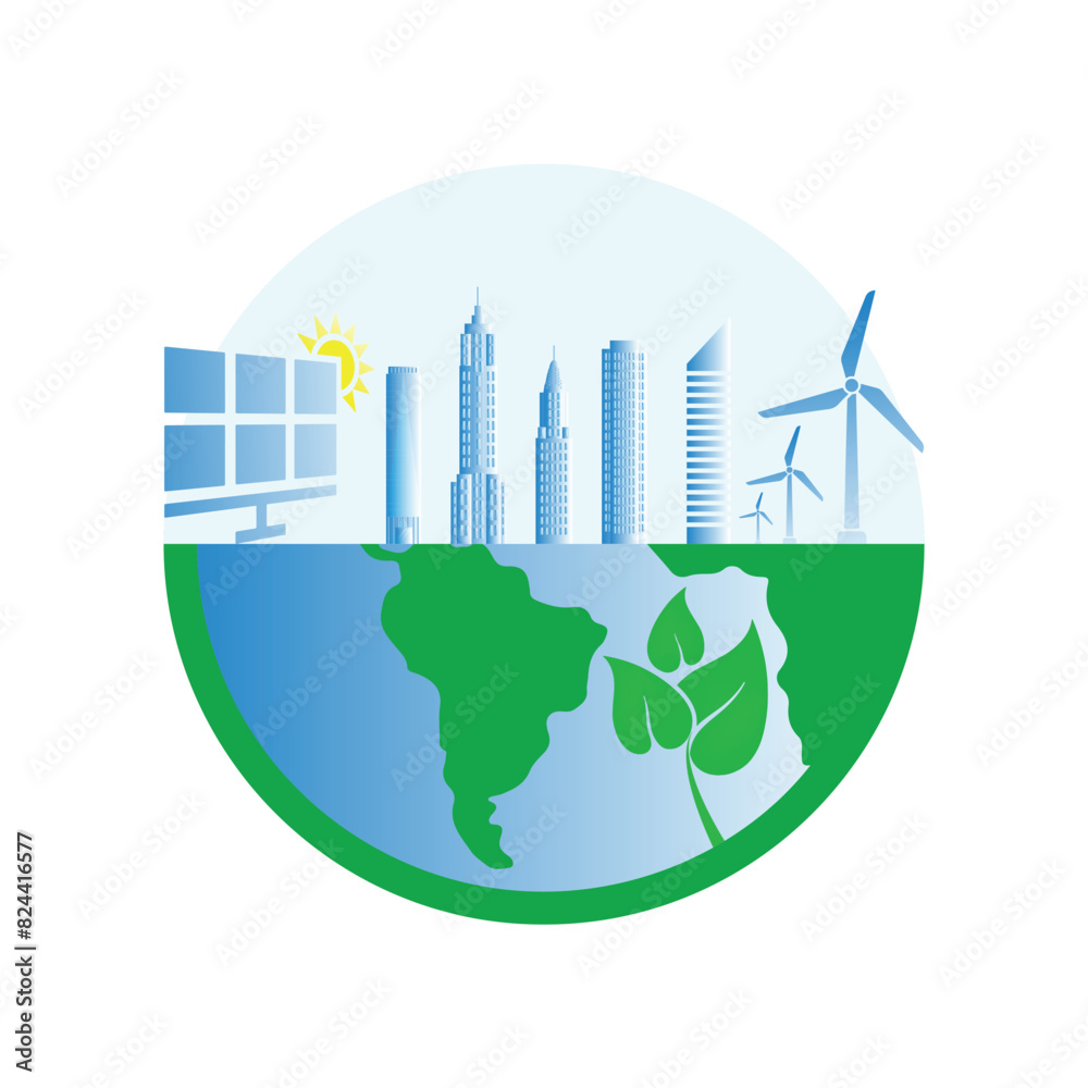Earth environment. top of the half earth, a sun with solar panel, buildings and air turbine. green leaves side of earth.