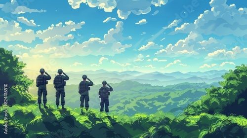Cartoon 3D minimalist illustration of soldiers saluting at a Memorial Day ceremony with a simple backdrop of green hills and a blue sky Generative AI photo