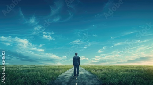 A businessman stands at a junction, gazing towards the distant horizon. The serene blue sky serves as the backdrop, while a grassy field showcases two roads converging. This imagery embodies the conce © Vodkaz