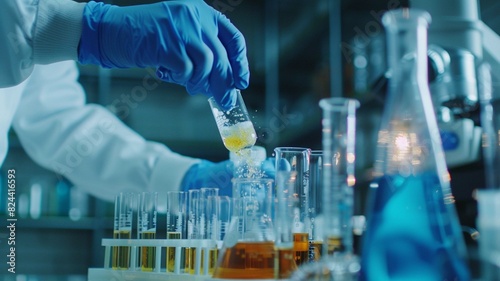 A close-up shot of a scientist's hands carefully measuring and mixing ingredients in a laboratory, with test tubes and beakers filled with various liquids in the background