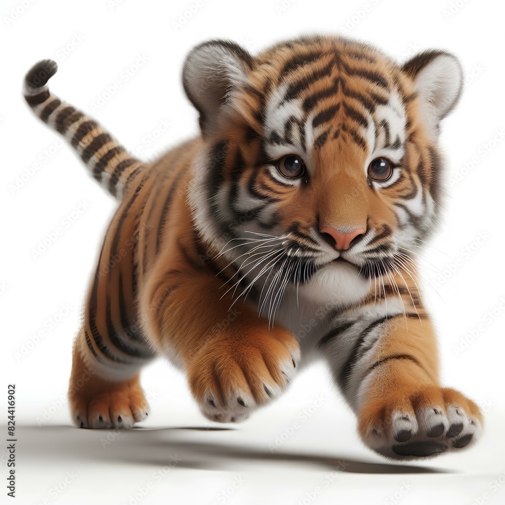 Bengal tiger running white background
