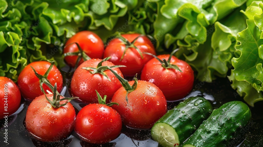 A vegetable medley of tomatoes, cucumbers, and lettuce submerged in water