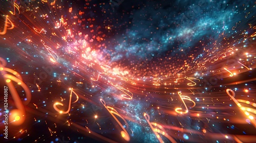 An impressive digital depiction of vibrant, luminous musical notes that seem to drift in a celestial galaxy photo