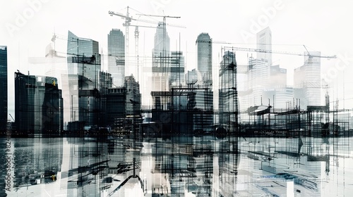 The civil engineer meticulously planned out the construction of the building in the city, captured beautifully through a double exposure photograph. photo
