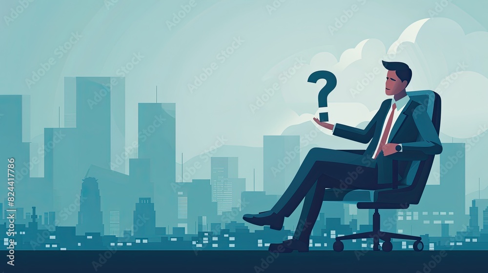 A businessman seated in an office chair, holding a question mark symbol, against the backdrop of a city in a simplistic and minimalistic style A businessman seated in an office chair, holding a question mark symbol, against the backdrop of a city in a simplistic and minimalistic style