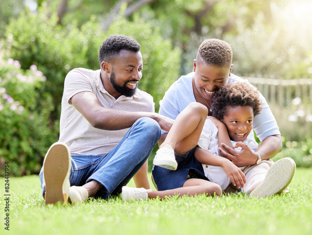 Happy, black family and relax with grass field for love, care or bonding on holiday, weekend or summer break at park. African mother, father and son with smile for playful day or embrace in nature Happy, black family and relax with grass field for love, care or bonding on holiday, weekend or summer break at park. African mother, father and son with smile for playful day or embrace in nature