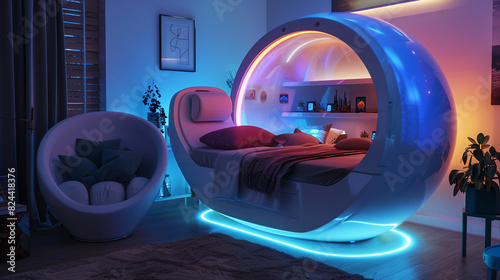 Sci-Fi bedroom featuring a gravity-free sleep pod  illuminated by soft  color-changing LED lights