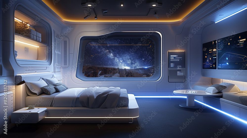 Sci-Fi bedroom with a panoramic window displaying a starry night, interactive smart walls, and a levitating bedside table