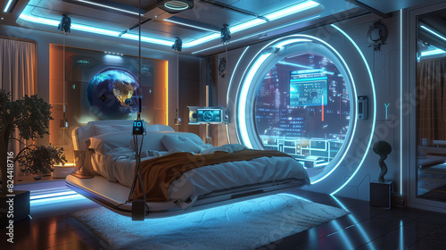 Sci-Fi bedroom featuring a bed suspended in an anti-gravity chamber  holographic entertainment systems  and interactive lighting