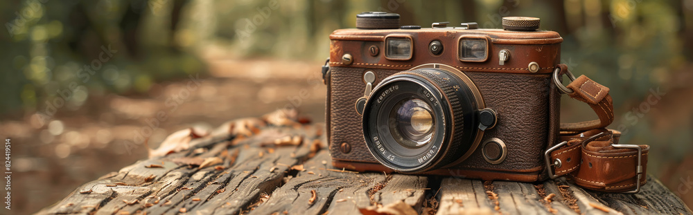 Vintage Camera on a Wooden Table in an Autumn Forest Setting with Fallen Leaves