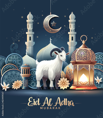 beautiful Eid al Adah art greetings with golden lantern, half moon and dark Arabian culture background. abstract vector illustration design.