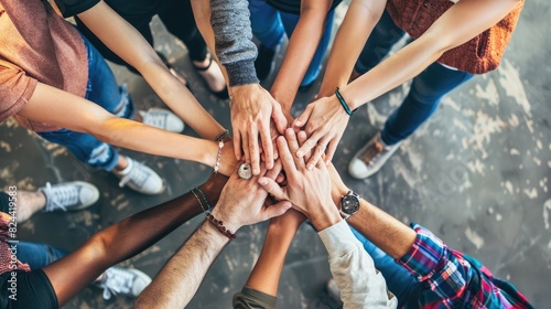 A group of diverse people joining their hands together over a solid concrete surface. AIG535 photo