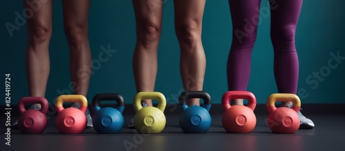 fitness, exercise, Woman with sports equipment standing in a row and dumbbells photo