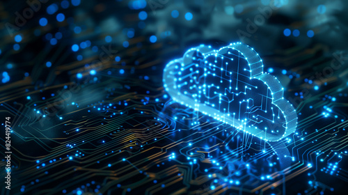 Digital cloud formed with circuit patterns on a motherboard, symbolizing cloud computing and data management concepts, Concept of cloud computing, virtual storage, internet technology.