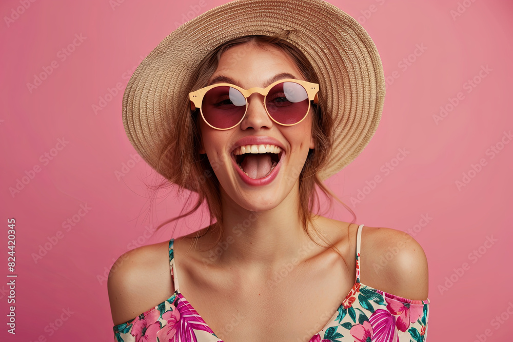 Happy woman in stylish clothes, excited about summer sale