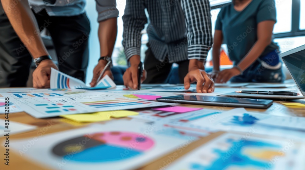 A group of professionals stands over a table reviewing colorful data charts, graphs, and digital devices for business analysis A group of professionals stands over a table reviewing colorful data charts, graphs, and digital devices for business analysis