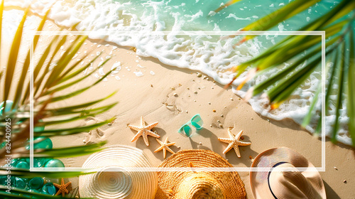 Summer background, holiday vacation concept. White frame over bright sand beach with straw hats, starfishes near sea ​​foam waves, view from top with blurred foreground, green tropical palm leaves.