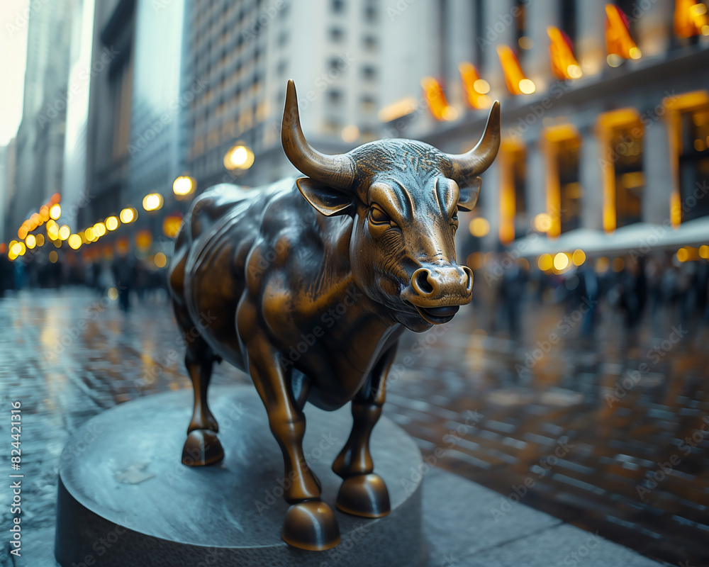 a bronze statue of a bull, standing in a financial city street, symbolizing financial strength and prosperity with blurred city lights and buildings in a lively, urban atmosphere a bronze statue of a bull, standing in a financial city street, symbolizing financial strength and prosperity with blurred city lights and buildings in a lively, urban atmosphere