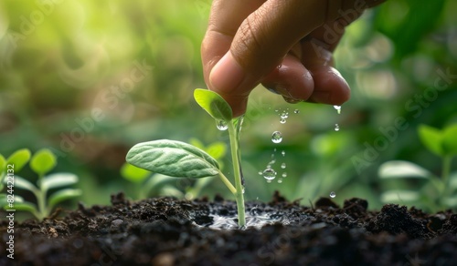 A hand is watering a plant with water droplets on it. AI.
