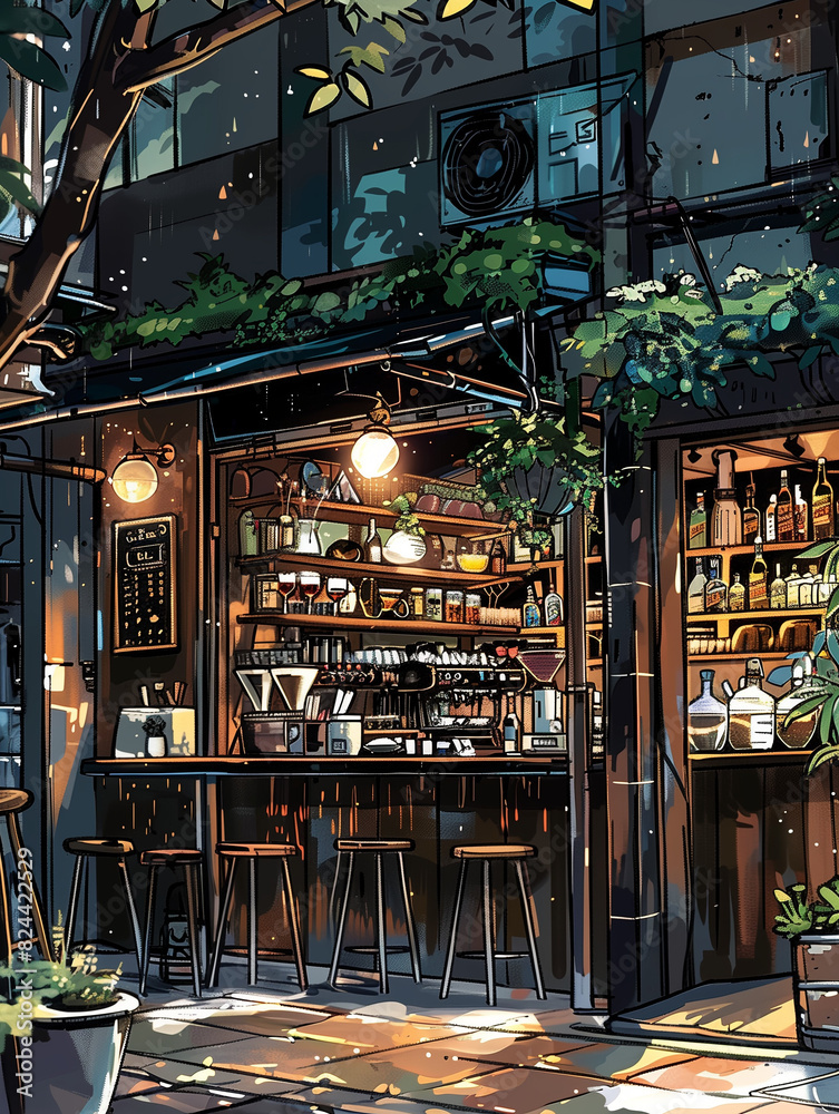 lofi cozy night in a bar on the street, 2d illustration lofi cozy night in a bar on the street, 2d illustration