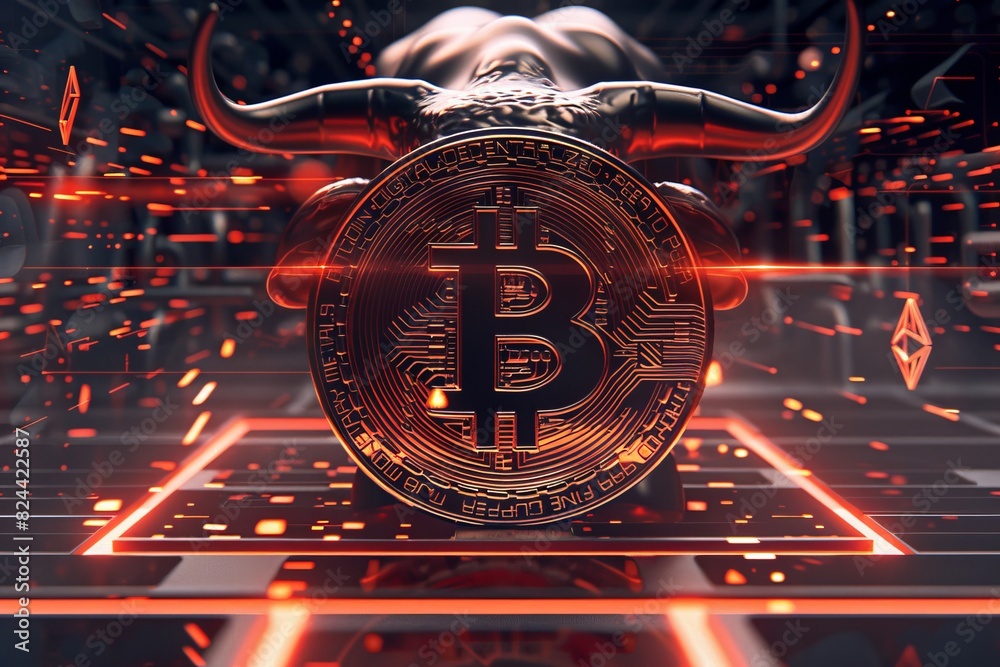 Bull Emerging from Digital Flames Chasing Bitcoin into Cyberspace Portal. Bull Emerging from Digital Flames Chasing Bitcoin into Cyberspace Portal.