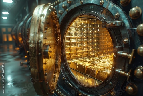 Suspenseful Cinematic Vault Door Opening to Reveal Gold Bars Inside.