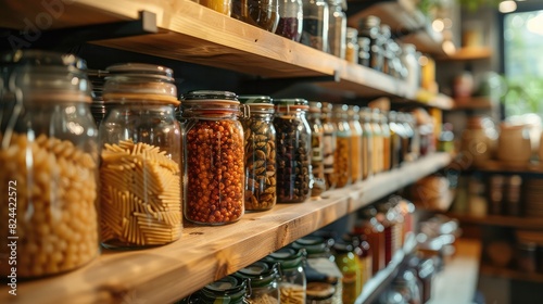 commercial photo, close-up, pantry goods, bottom view, soft light