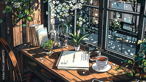 lofi cozy afternoon, coffee and book on the wooden table near the planter, sunbeam though the glass window, 2d illustration  photo