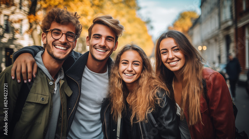 Happy group of young people smiling at camera outdoors. Portrait, university students and group of friends getting ready for learning.