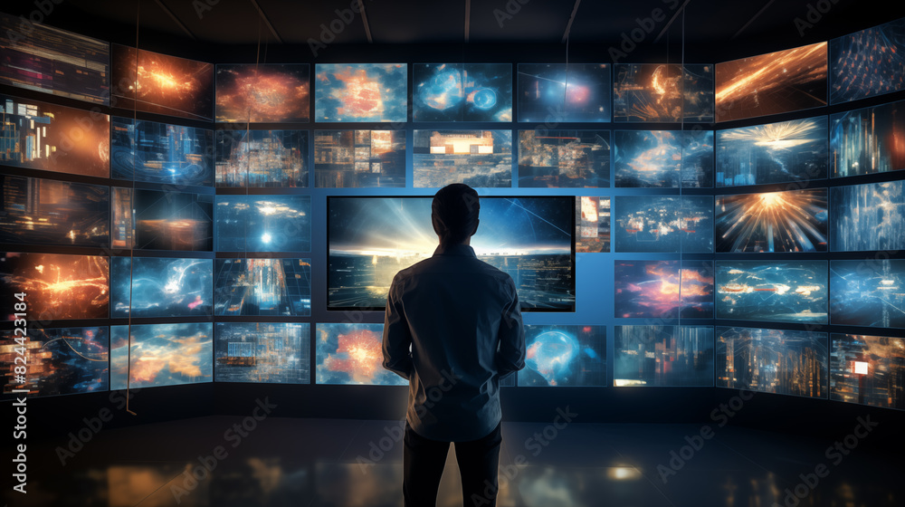 man surrounded by multiple tv screens