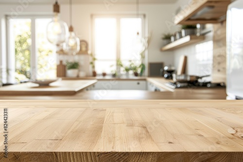 Empty beautiful wood table top counter and blur bokeh modern kitchen interior background in clean and bright,Banner, Ready for product montage - generative ai © Nia™
