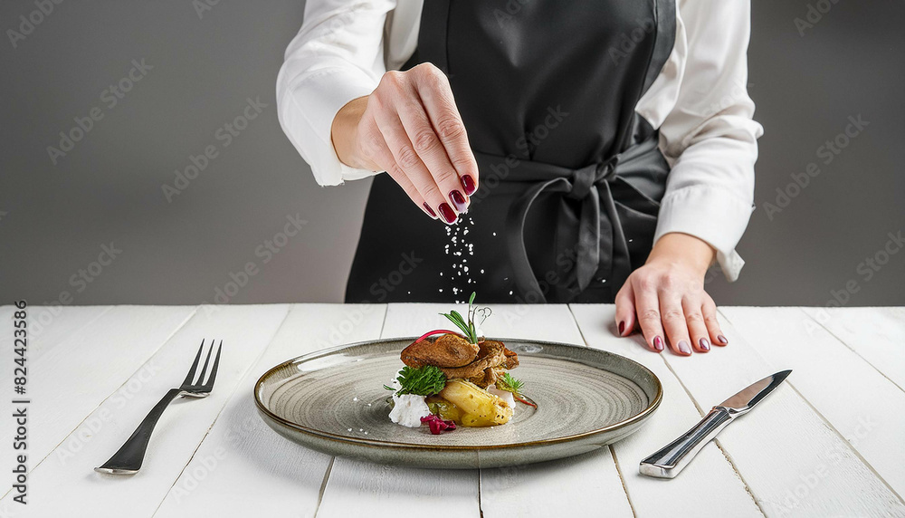 Chef's hand sprinkles cooked gourmet dish with salt Chef's hand sprinkles cooked gourmet dish with salt