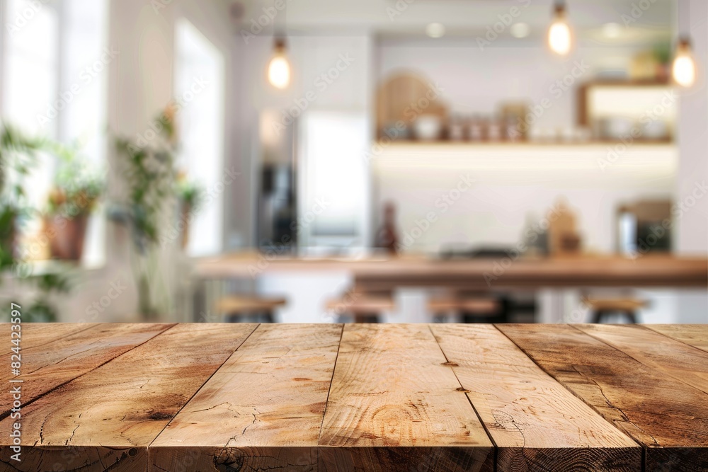 Empty beautiful wood table top counter and blur bokeh modern kitchen interior background in clean and bright,Banner, Ready for product montage - generative ai Empty beautiful wood table top counter and blur bokeh modern kitchen interior background in clean and bright,Banner, Ready for product montage - generative ai