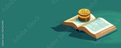 flat vector illustration of an open book with golden bitcoin on top, isometric view, emerald color background, in the style of adobe stock