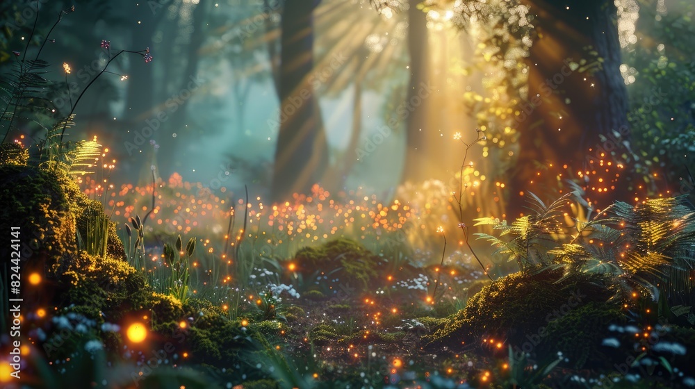 Enchanted Forest Glade at Dawn with Magical Fireflies