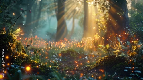 Enchanted Forest Glade at Dawn with Magical Fireflies