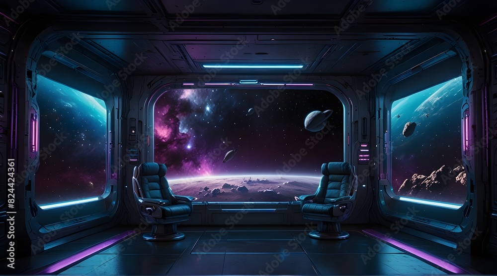 A hyper-realistic spaceship panel made of metal, with a top squared panoramic view of space, featuring neon blue and purple details.generative.ai 