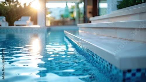 commercial photo, close-up, pool house accessories, bottom view, soft light