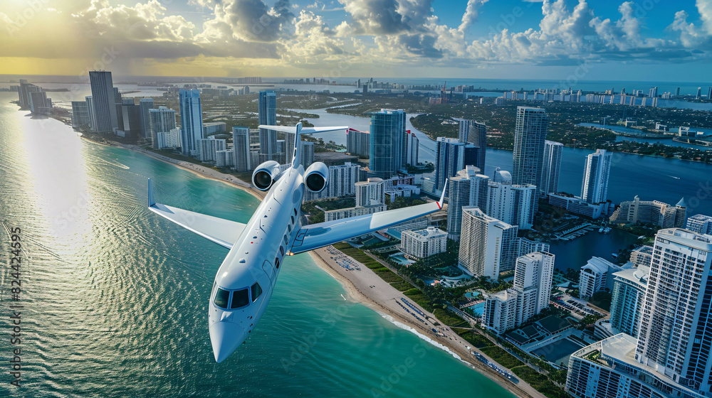 Naklejka premium Aerial view of white private jet flying over Miami