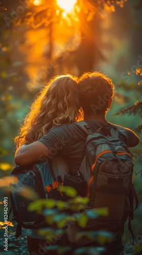 Couple Embracing During Sunset Hike in Forest with Backpacks photo