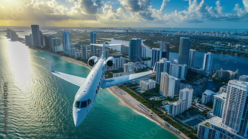 Aerial view of white private jet flying over Miami