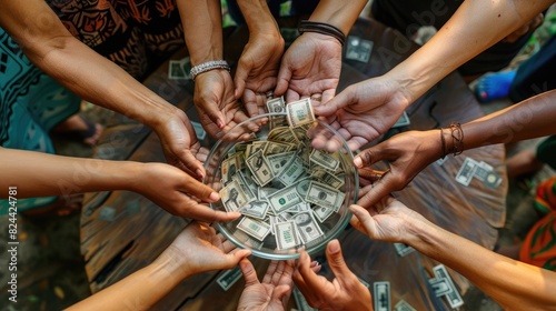 A group of diverse people putting their hands together over a bowl filled with money. AIG535 photo