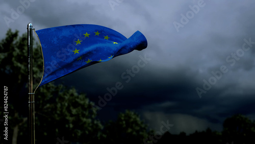 European Union flag for national holiday on dark storm cumulus clouds - abstract 3D rendering