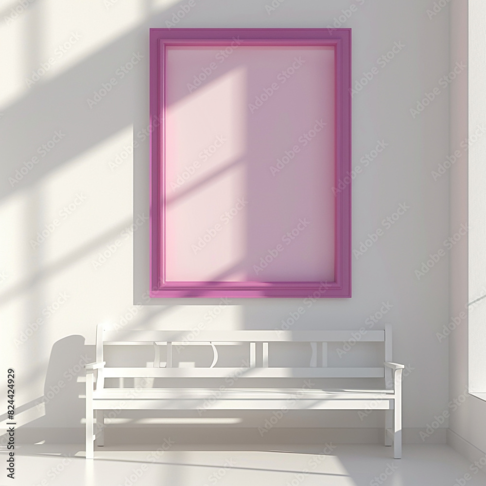 Sunlit minimalist room with a blank fuchsia frame and white wooden bench, 3D mockup Sunlit minimalist room with a blank fuchsia frame and white wooden bench, 3D mockup
