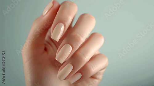 Beautiful woman's hand with perfect manicure, short square nails, beige color