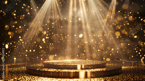 Podium product stage with spotlight and golden glitter background.